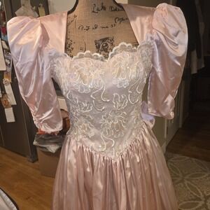 Vintage Gunne Sax Jessica McClintock Pink Satin Lace Dress Size 3/4 Puff Sleeve